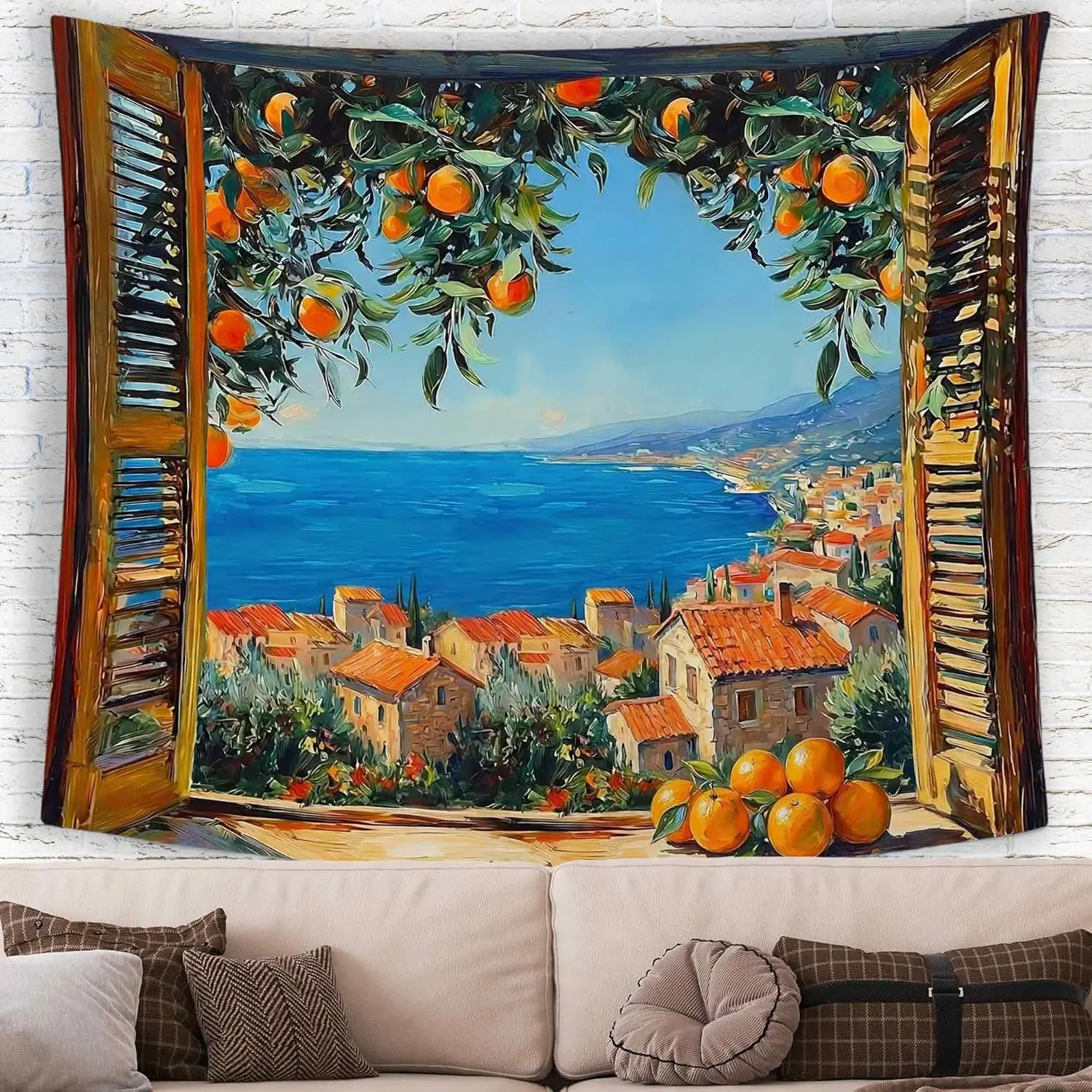 Coastal Orange Tree Window Wall Tapestry Hanging for Bedroom,Blue Seaside Ocean Beach Sea Banner,Vintage Mediterranean Landscape