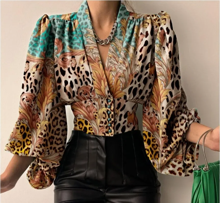 Spring Autumn Casual Lantern Sleeve V-Neck Slim Fit Shirts Blouses Button Top for Woman Blusa Feminina Camisas Office Wear Mujer