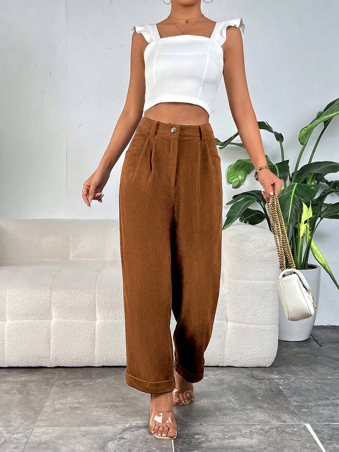 BKLD Solid Color 2025 New Autumn Women Clothing High Waisted Trousers Pocket Corduroy Casual Temperament Straight Leg Pants