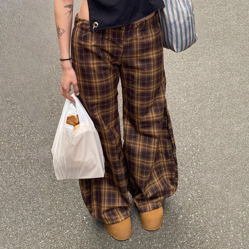 Harajuku Plaid Pants Teen Girl High Waist Baggy Trousers Korean Style 90s Vintage Loose Fit Wide Leg Sweatpants Y2k Streetwear