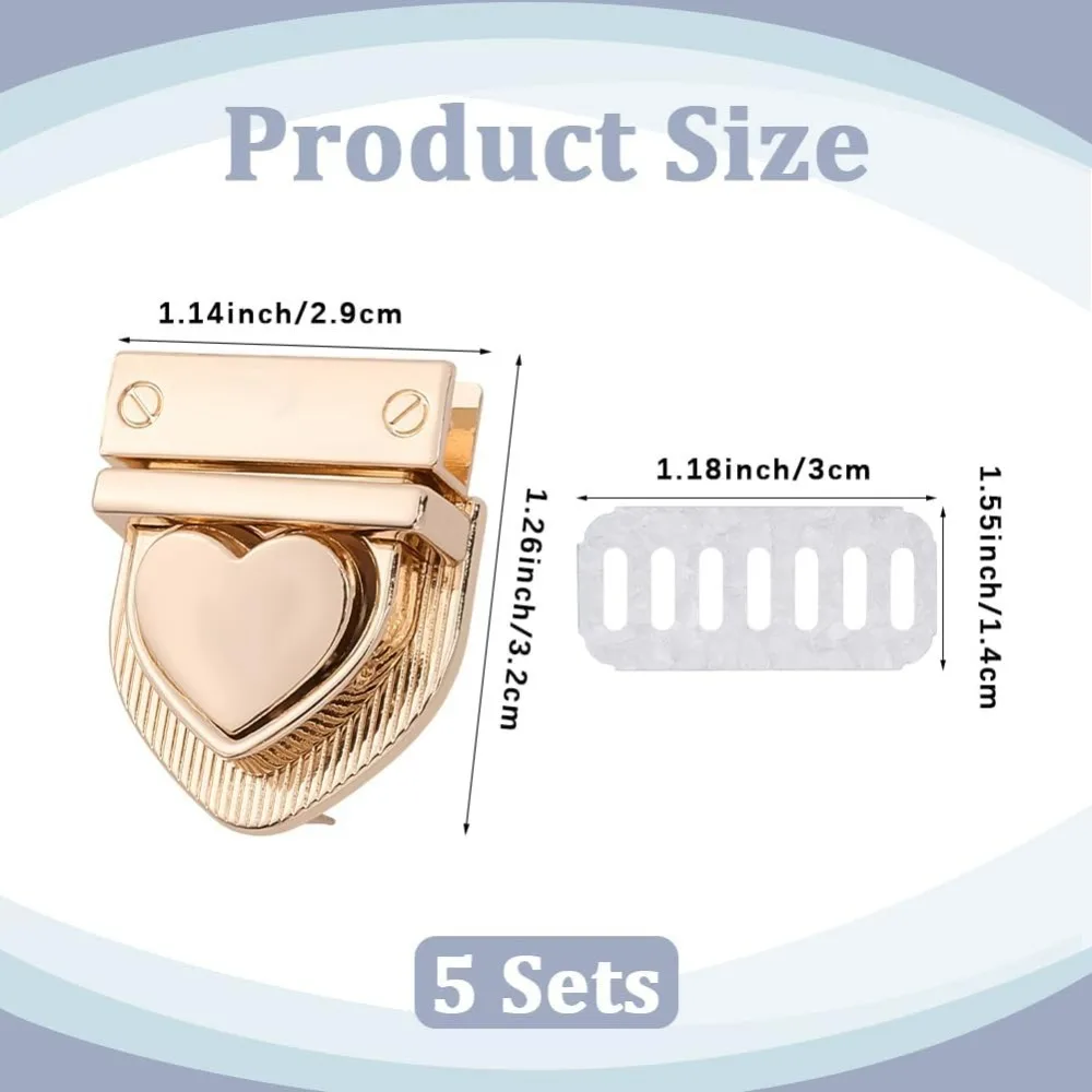 5Pcs Tuck Lock Purse Clasp Purse Thumb Lock Light Gold Heart Shaped Metal Small Tongue Closure Duck Alloy Locks Buckle Fasteners