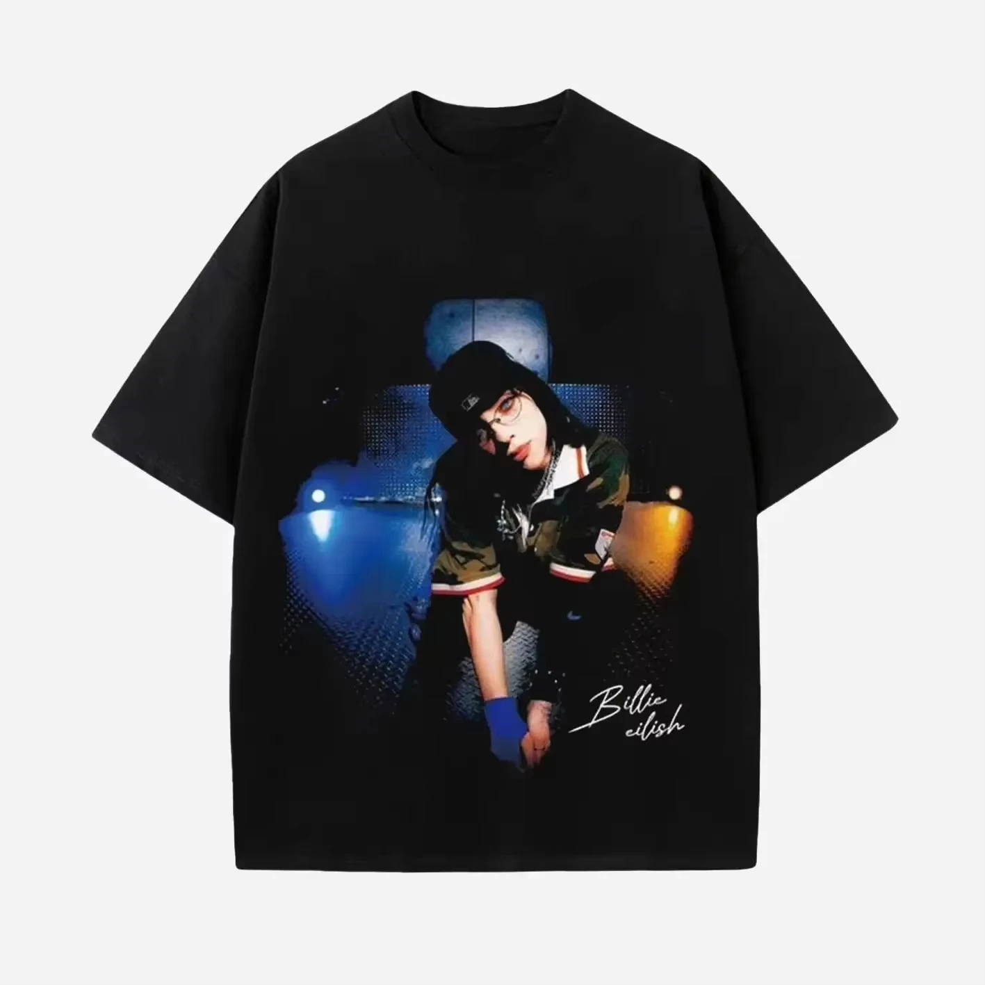 Billie Eilish Concert Retro Pop Singer TV Screen Blue Portrait Graphic Tee Cotton Mens Womens T-Shirt Summer Streetwear