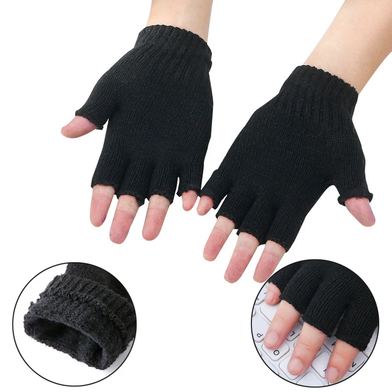 

1Pair Black Half Finger Fingerless Gloves For Women And Men Wool Knit Wrist Cotton Gloves Winter Warm Workout Gloves