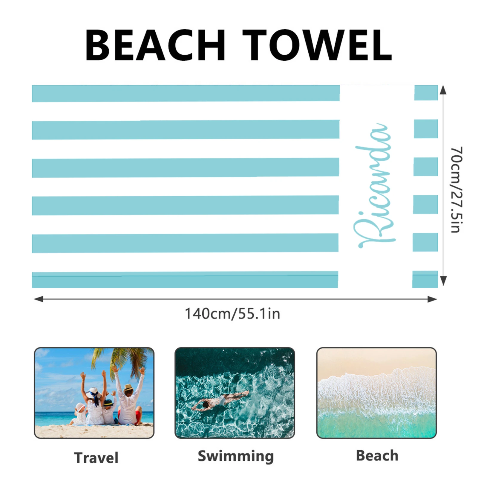 Custom Name Beach Towels Light Blue Bath Towel Absorbent Quick-Drying Soft Swimming Gym Towels Birthday Gifts For Kids Adults
