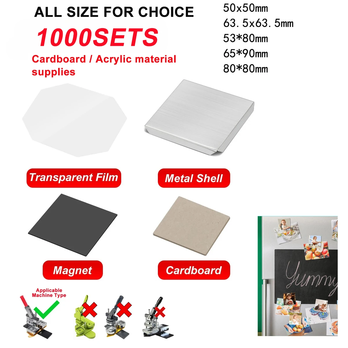 1000sets DIY Fridge Magnet Making Supplies 50-80mm Rectangular Blank Cardboard / Acrylic Materials Photo Refrigerator Sticker