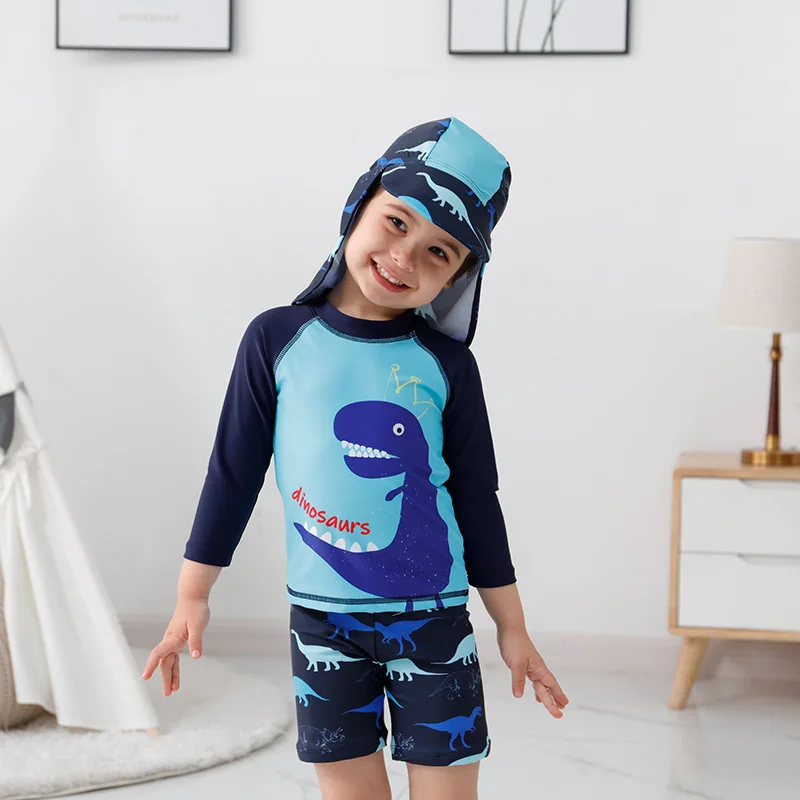 Children's Swimsuit Baby Boys Split Cartoon Dinosaur Sunscreen Long Sleeve Swimsuit Set Teenage Kids Boys Swimwear with Cap