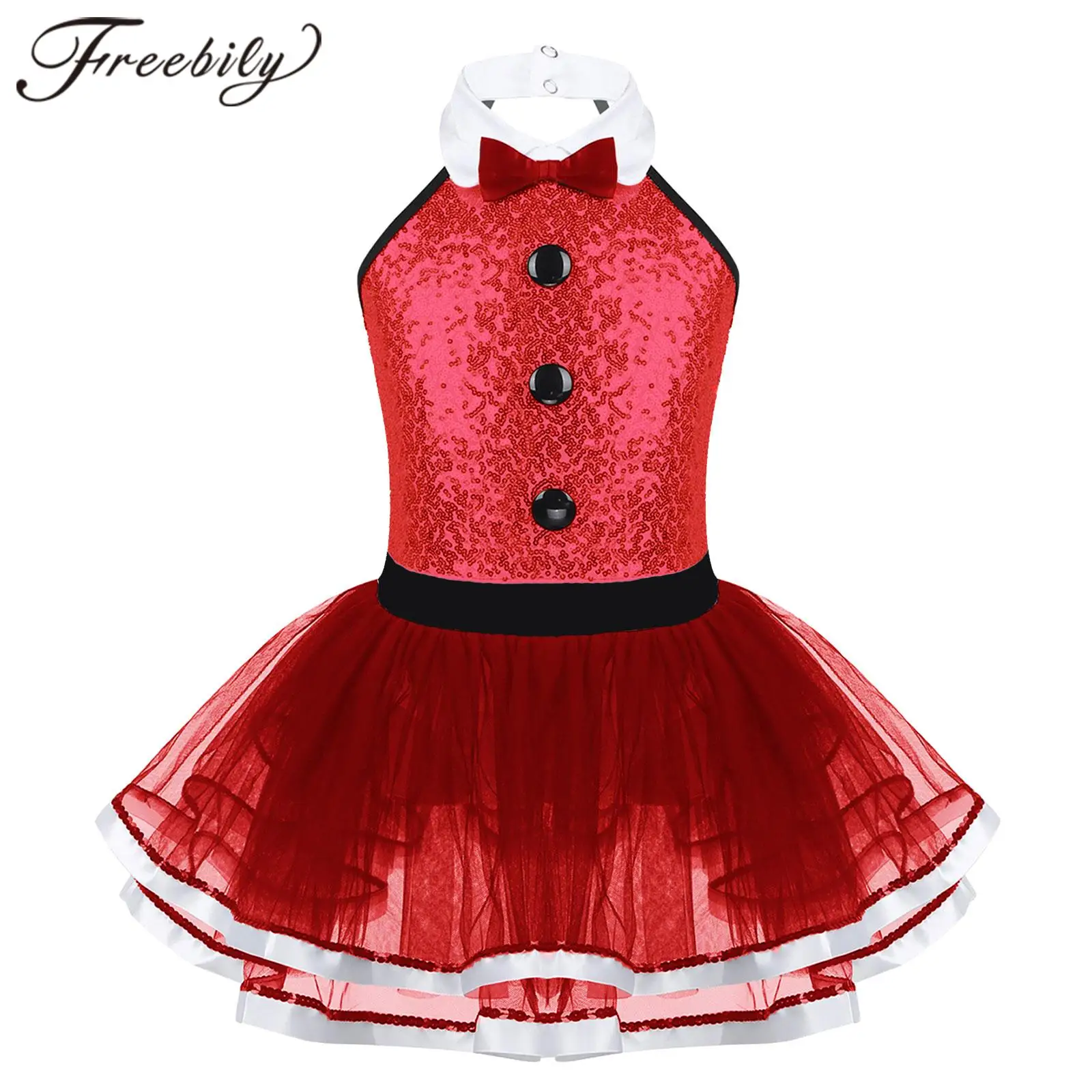 Kids Girls Sleeveless Shiny Sequins Mesh Tutu Ballet Dress Gymnastics Leotard Modern Jazz Dance Performance Christmas Costume