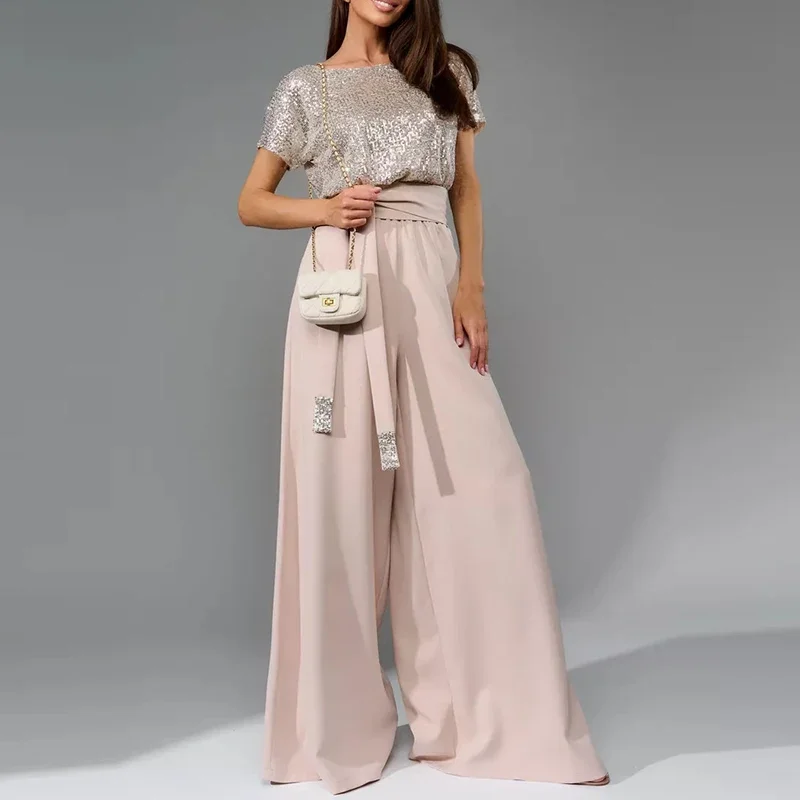 Women's  Elegant Sequin Patchwork Commuting Jumpsuit Wide leg pants 2024 O-neck Tie-up Fashionable Shiny Party  Holiday Playsuit