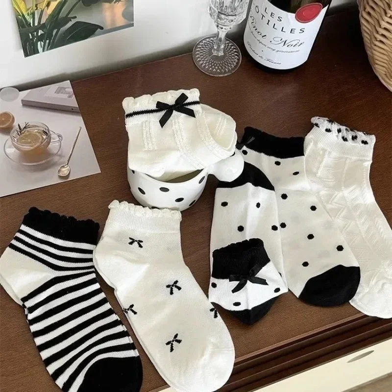5Pairs Women Spring Autumn Elegant Minimalist Women Socks Fashionable Versatile Comfortable Sweet Lace Bow Short Socks