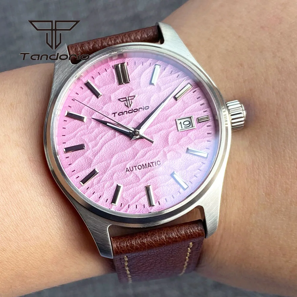 

Tandorio NH35A 39mm Mechanical Automatic Pilot Watch Luminous Pink Dial Date Sapphire Crystal 20bar Men's Wristwatch Screw Crown