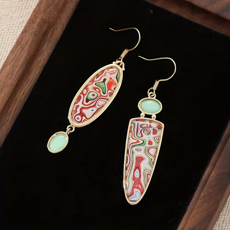 Bohemian Asymmetrical Pendant Earrings Gold Color Hooks Colorful Vortex Patterns Oval Shaped Synthetic Zircon Daily Gatherings