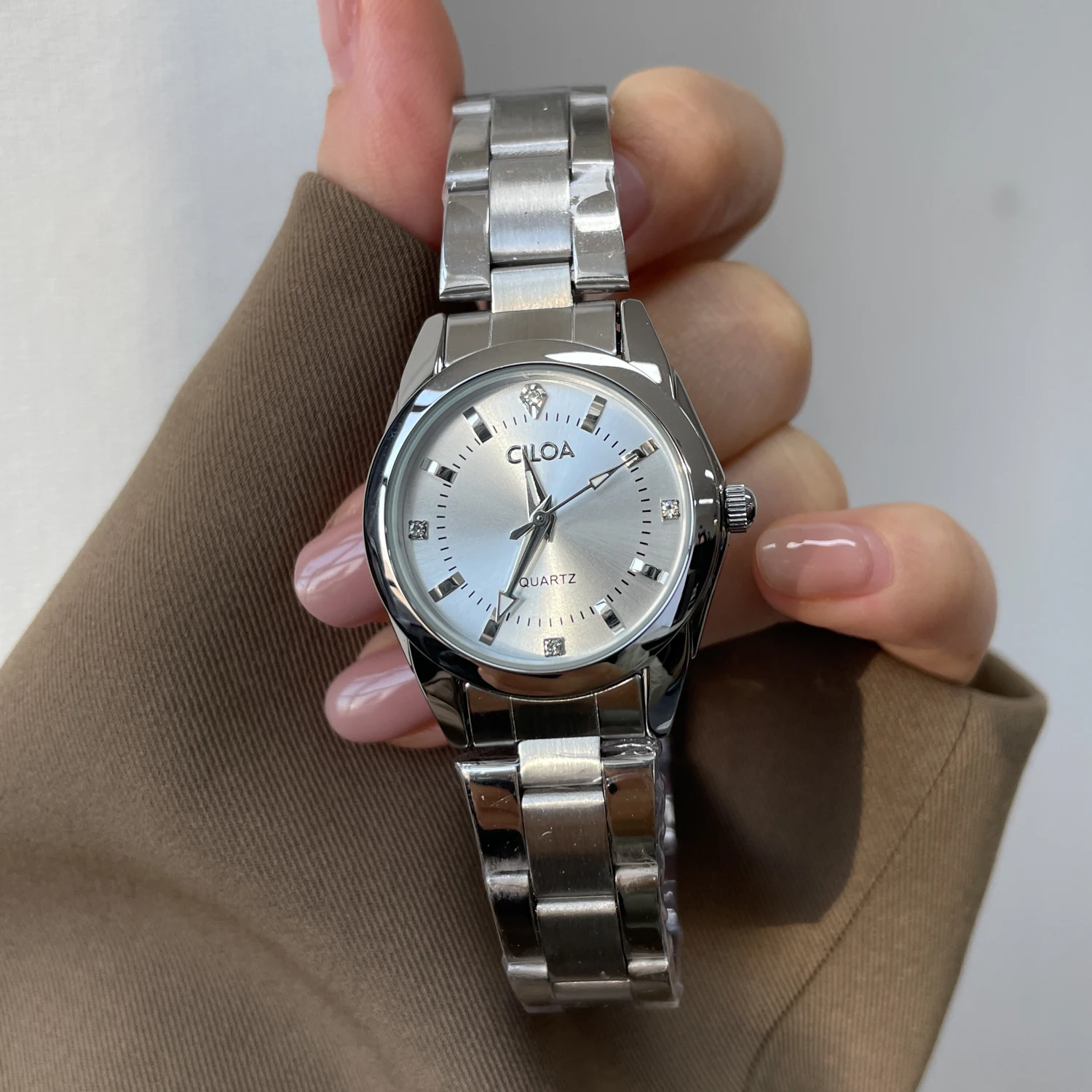 CILOA-Silver Steel Band Women Watch, Diamond Inlay Simple Commute Quartz Wristwa-756tch