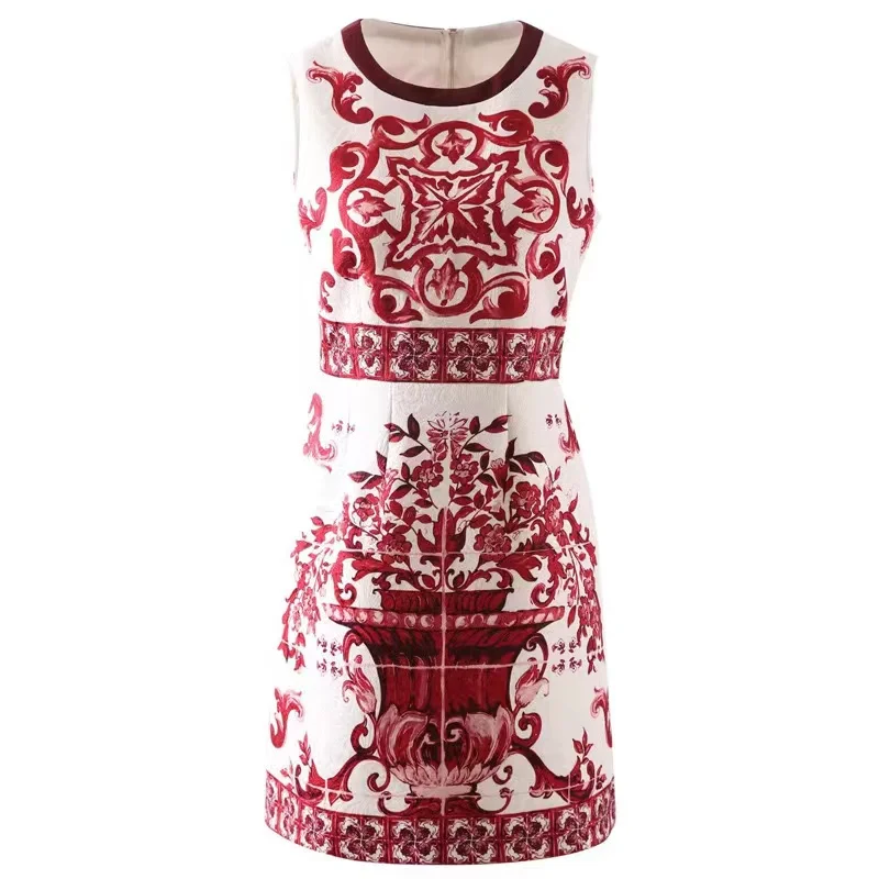 Vestido corto de verano de pasarela para mujer, cuello redondo, sin mangas, amarillo, azul y blanco, estampado de flores de porcelana, vacaciones,