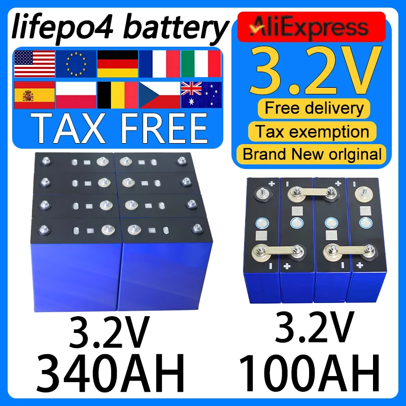 

New 16pcs 3.2V 340Ah 100Ah Lifepo4 Battery Rechargeable Grade A DIY 12V 24V 48V RV EV Boat Golf solar energy camping duty-free