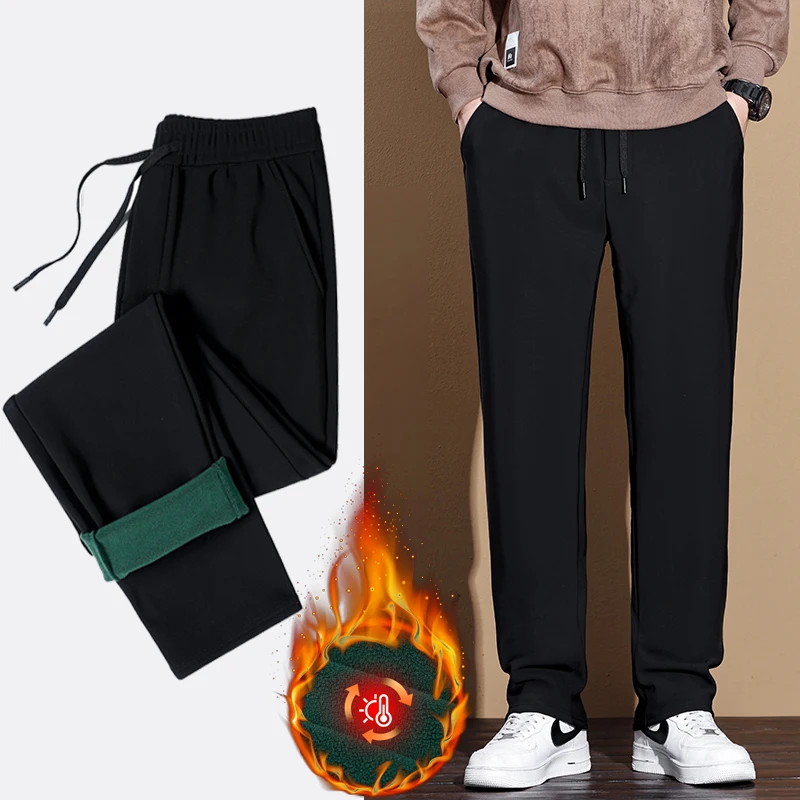 

Мужские черные прямые брюки на флисовой подкладке, новинка 2025 года, зимние теплые прямые повседневные брюки для активного отдыха, повседневная одежда больших размеров