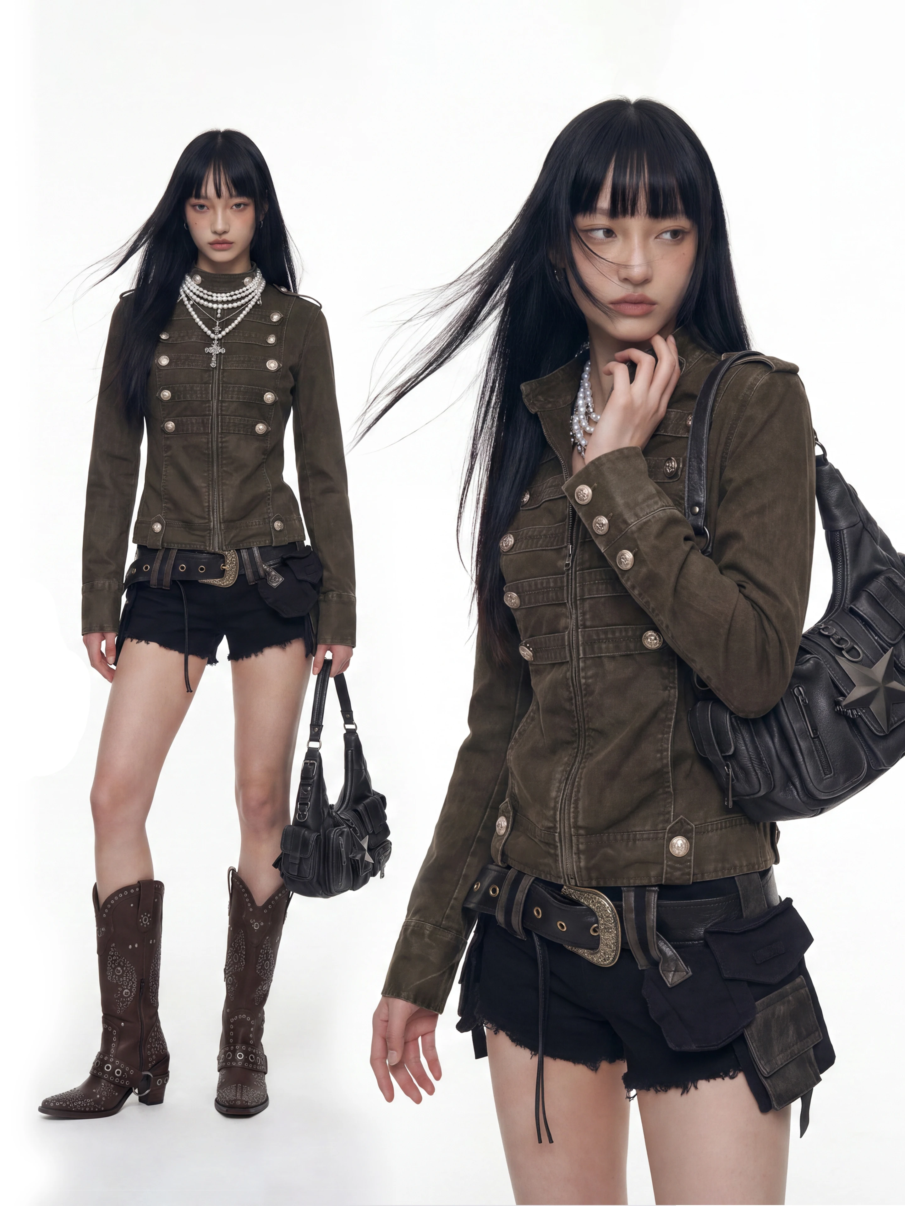 Slim Fit Napoleon Double Breasted Stand Collar Denim Jacket Women's Waist Cinching Short Outerwear Autumn New Arrival