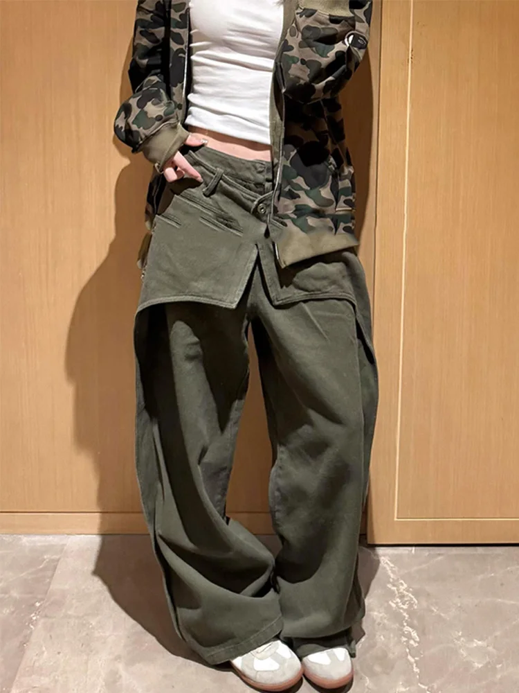 

American high street design patchwork jeans hot girl deconstruction fake two piece unique design trend floor length pants