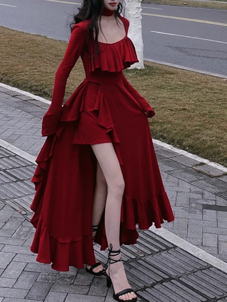 Spring Red Vintage Elegant Dress Women Flare Sleeve Designer Sweet Long Dress Female Ruffles Retro Princess Irregular Dress 2024