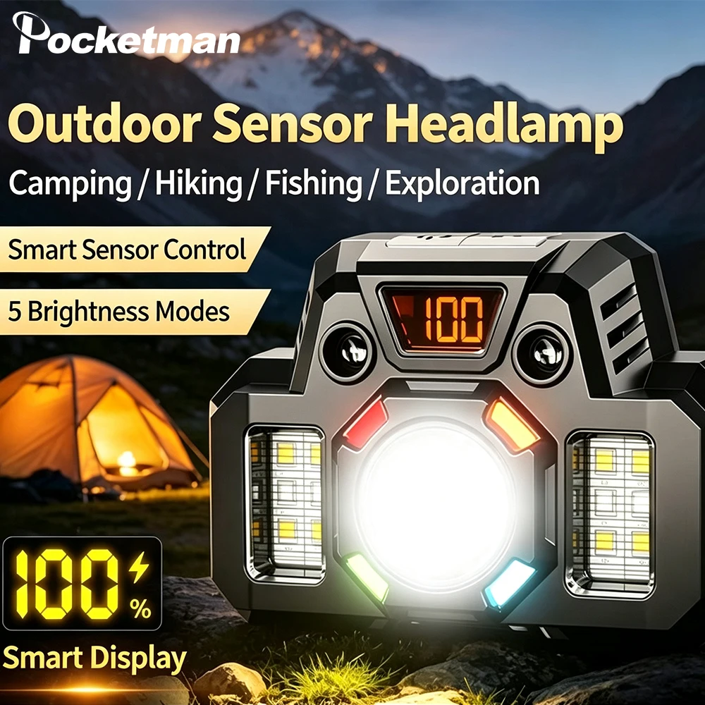 Motion Sensor Rechargeable LED Headlamp Digital Power Display Red Warning Light Outdoor Camping Fishing Head Light