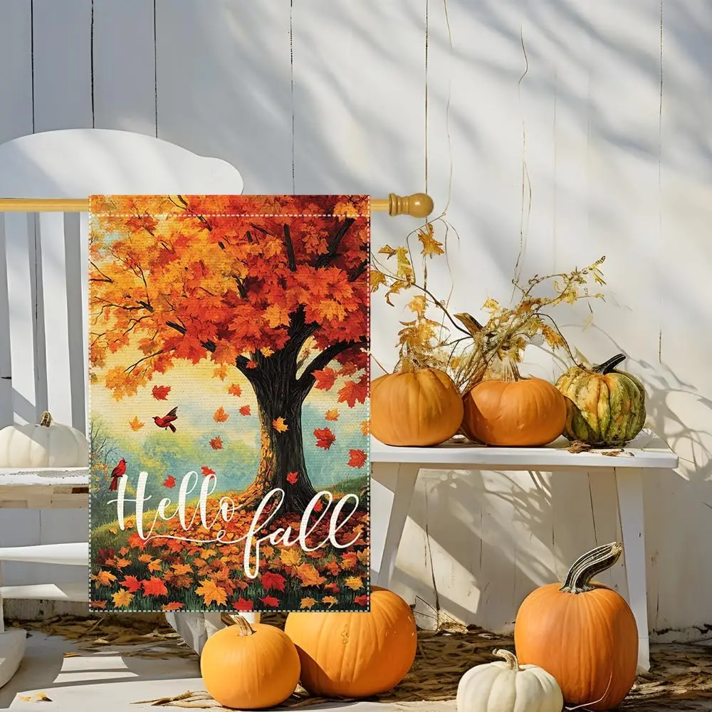Hello Fall Maple Tree Garden Flag Decor for Outside, Double Sided Burlap Vertical Yard Banners Autumn Garden Flags Villa Sma kkz
