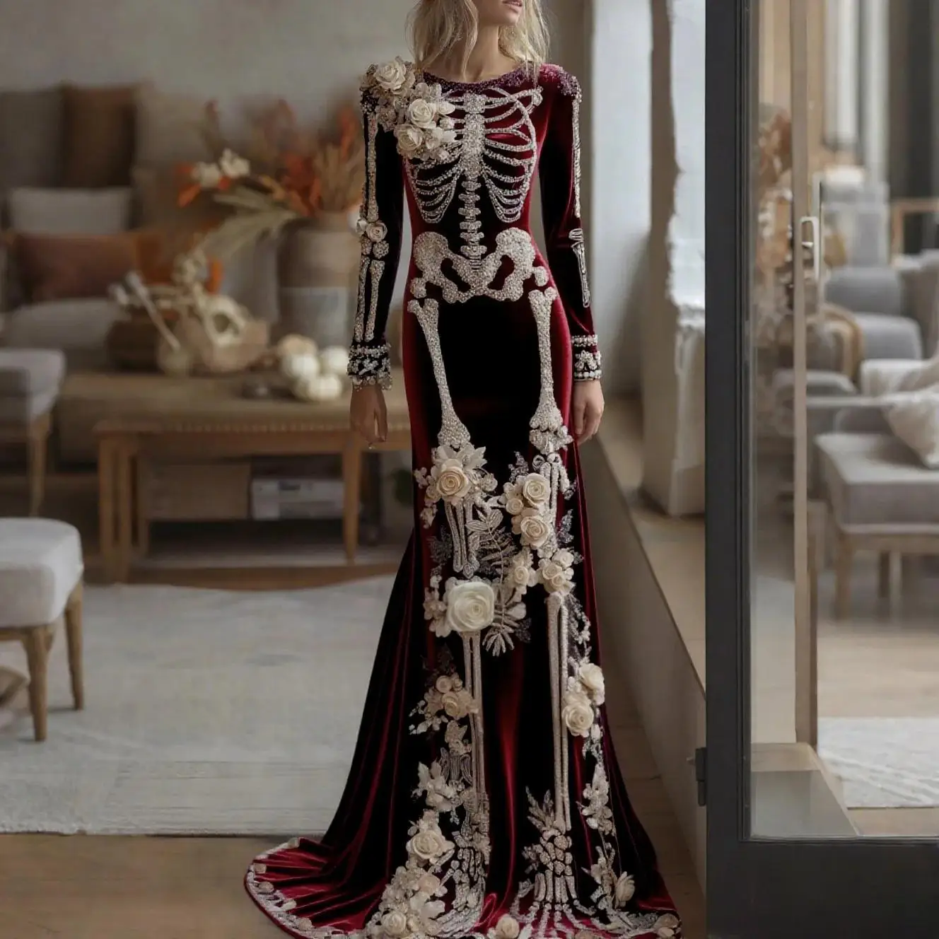 2026 New Women Skeleton Floral Mermaid Maxi Dress Elegant Celebrity Long Sleeve Gothic Halloween Evening Party Gown view 4