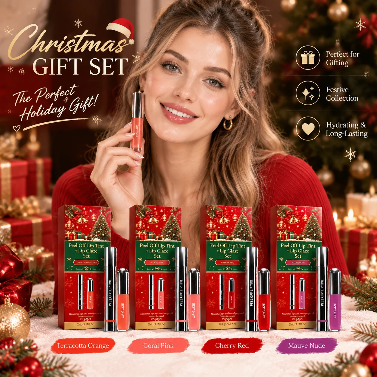 Christmas Limited Lip Makeup Set Long Lasting Transfer Proof Matte Glossy Peel off Lip Tint Vivid Color Christmas Cosmetic Set