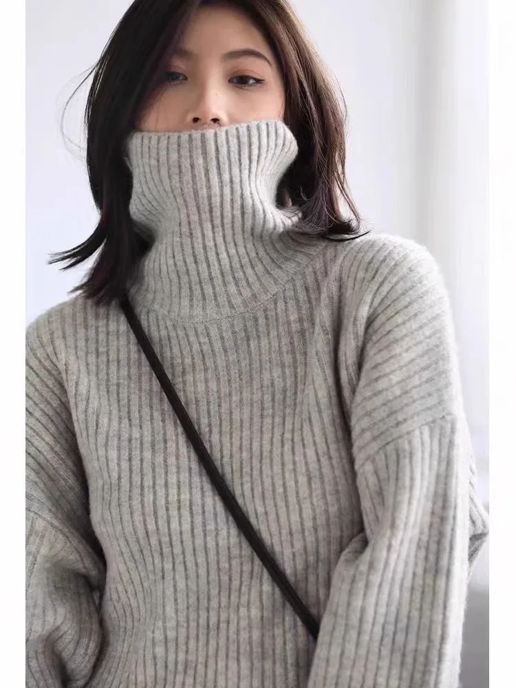 2024 winter mid-length pure cashmere sweater women's European goods loose rtleneck thick base sweater