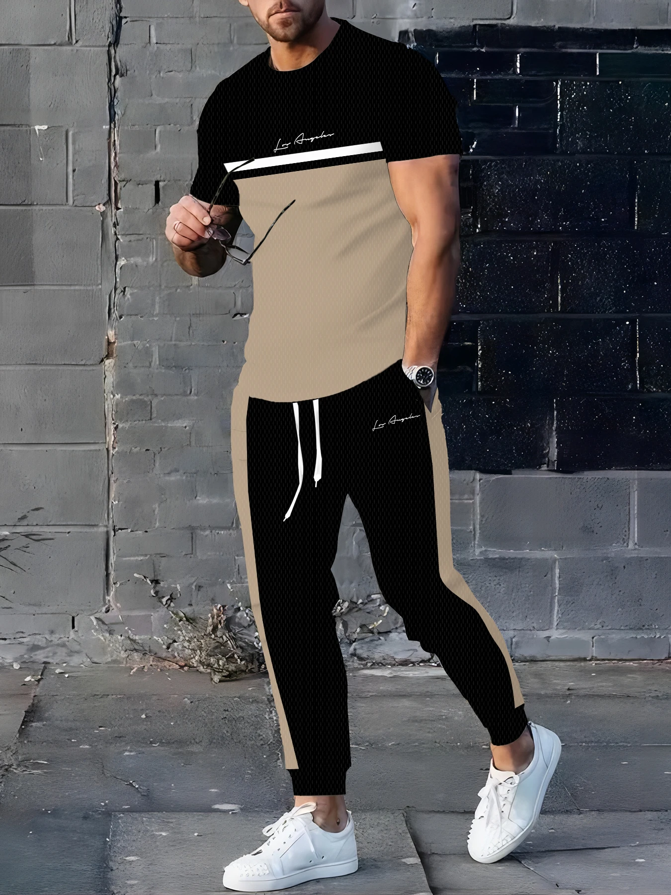 

Summer men's fashionable contrasting printed breathable and comfortable round neck T-shirt and pants set outdoor casual wear