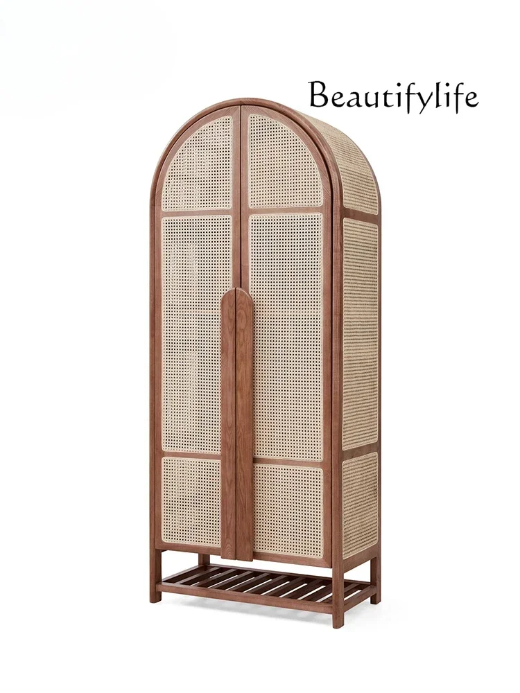 

S Nordic solid wood rattan storage cabinet small apartment retro homestay arched dome casement door storage wardrobe