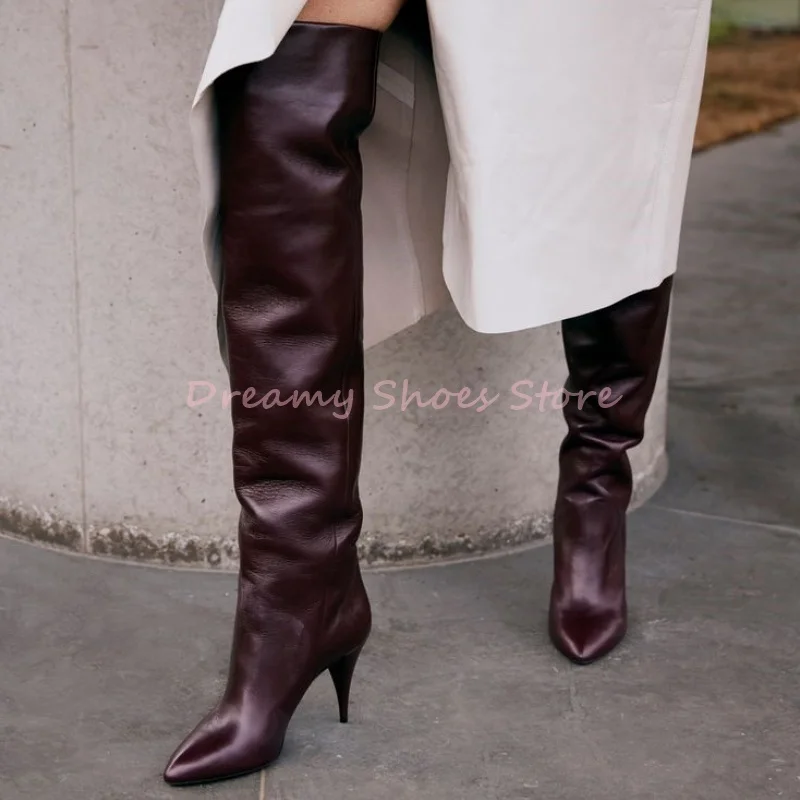

Solid Leather Pleated Stiletto Knee High Boots Women Suede Pointed Retro Long Boots Elegant Party Autumn Winter Ladies Footwear