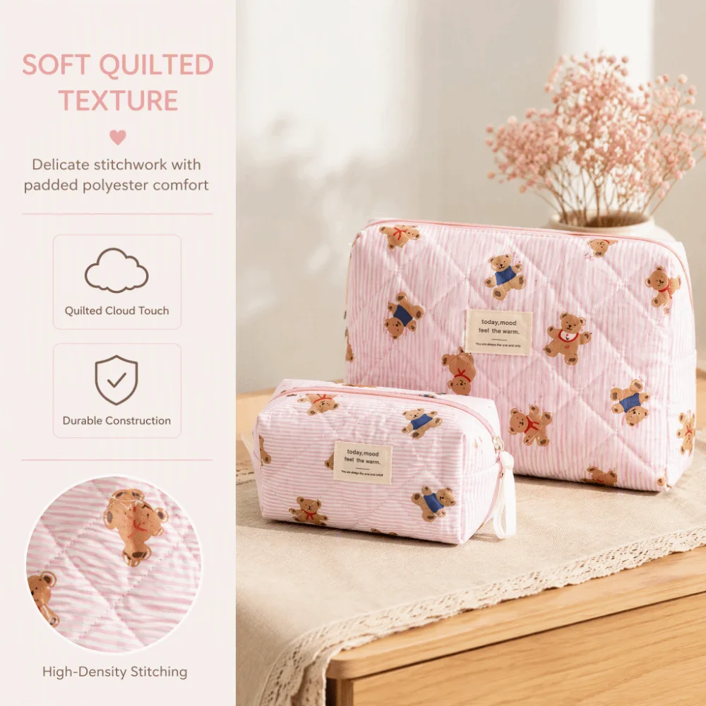 3PCS Multi-Layer Quilted Cotton Makeup Bag Large Capacity Portable Toiletry Pouch Soft Zipper Cartoon Cosmetic Organizer Women