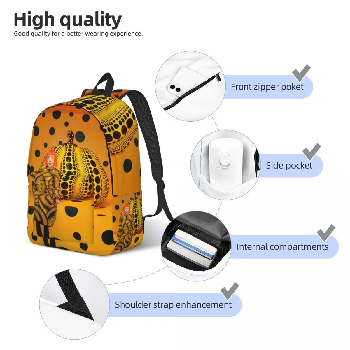 3D Print Yayoi Kusama Mochila Canvas Abóbora para Meninos e Meninas, Pontos Estéticos, Sacos de Viagem Escolar, Bookbag para Homens e Mulheres