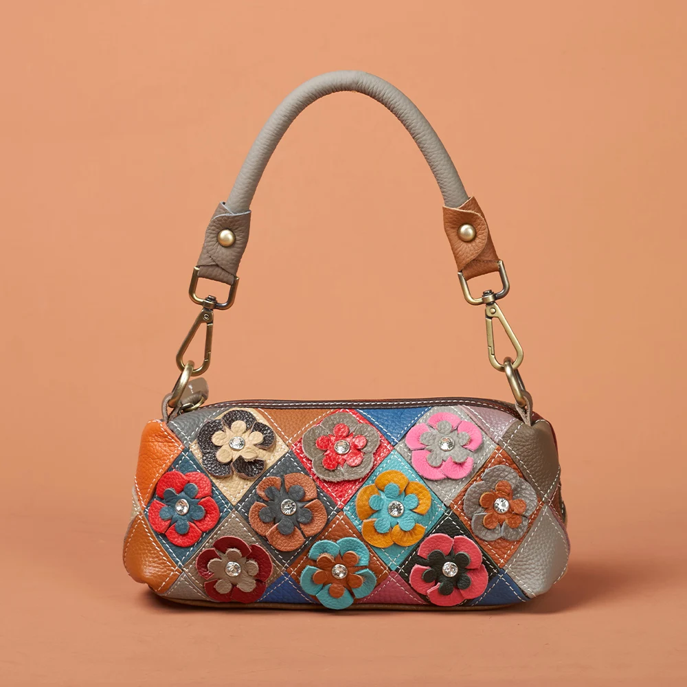 

Handmade Genuine Leather Women's Small Shoulder Bag: Ethnic Floral Patchwork, 2 Crossbody Straps