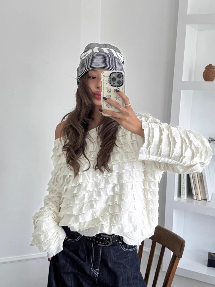 Csa Hoada de Manga Larga Estilo Vintage para Mujer, con Hombros Descubiertos, Cuello Lateral en Capas, Encaje, Estilo Co...