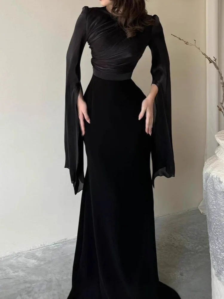 DFDG 2025 الربيع الصيف المرأة مصمم فستان ستان مثير الخفافيش الجناح متوهج كم ماكسي بقماش شفاف إدراج Bodycon فستان الرقبة المستديرة