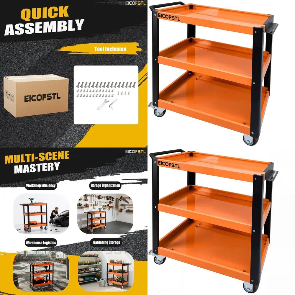 

3-Tier Heavy-Duty Steel Utility Cart with Screwdriver Holder and 4 Wheels (2 Locking) for Workshop Storage