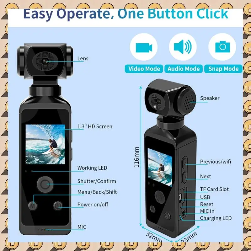 

4K Pocket Action Camera HD LCD Screen 270° Rotatable Wifi Mini Sports Camera With Waterproof Case For Travel- 32G