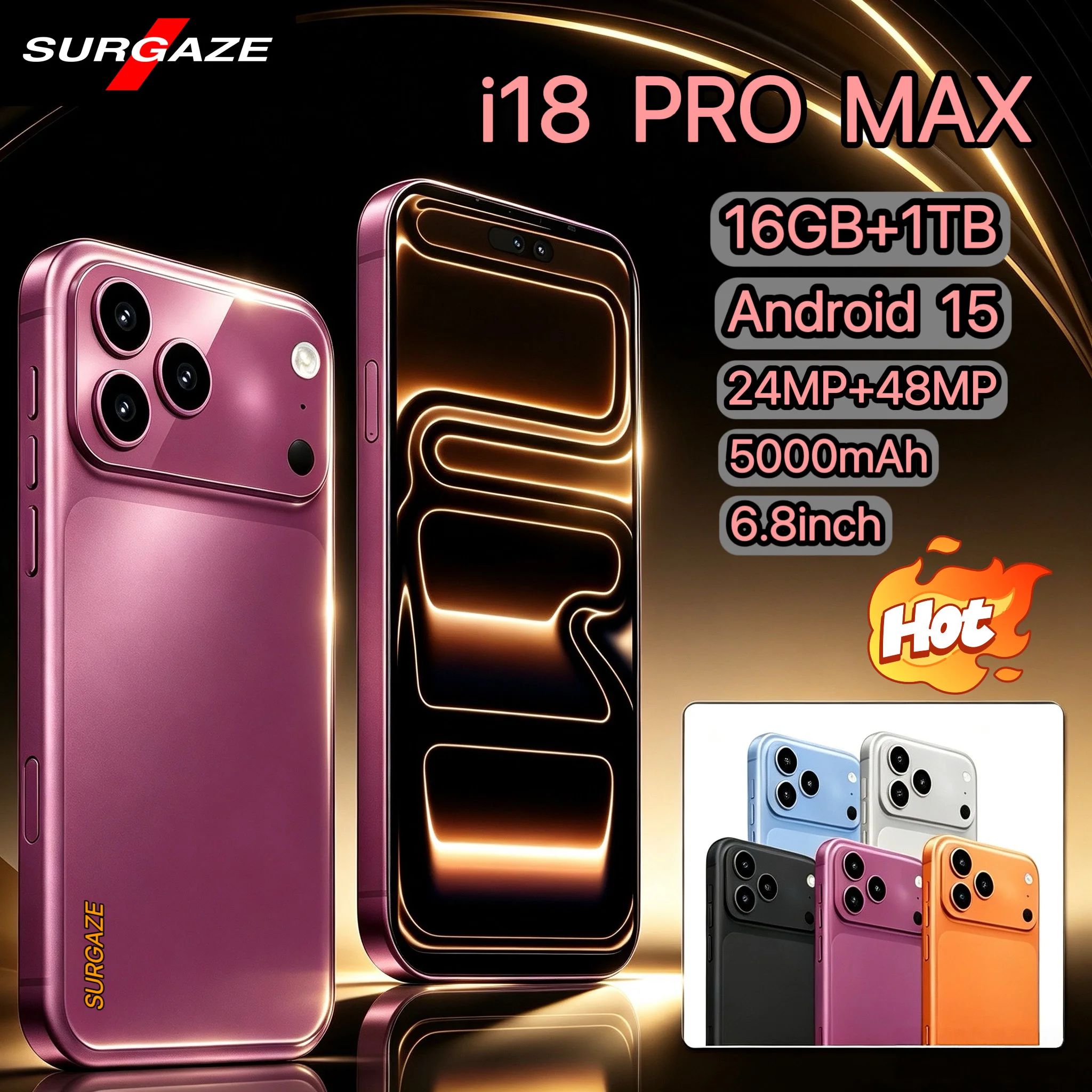 SURGAZE 2026 High Performance I18 Pro Max Smartphone 16GB+1TB 5000mAh 6.8Inch 5G Dual SIM Global Version Mobile Phone Arrival