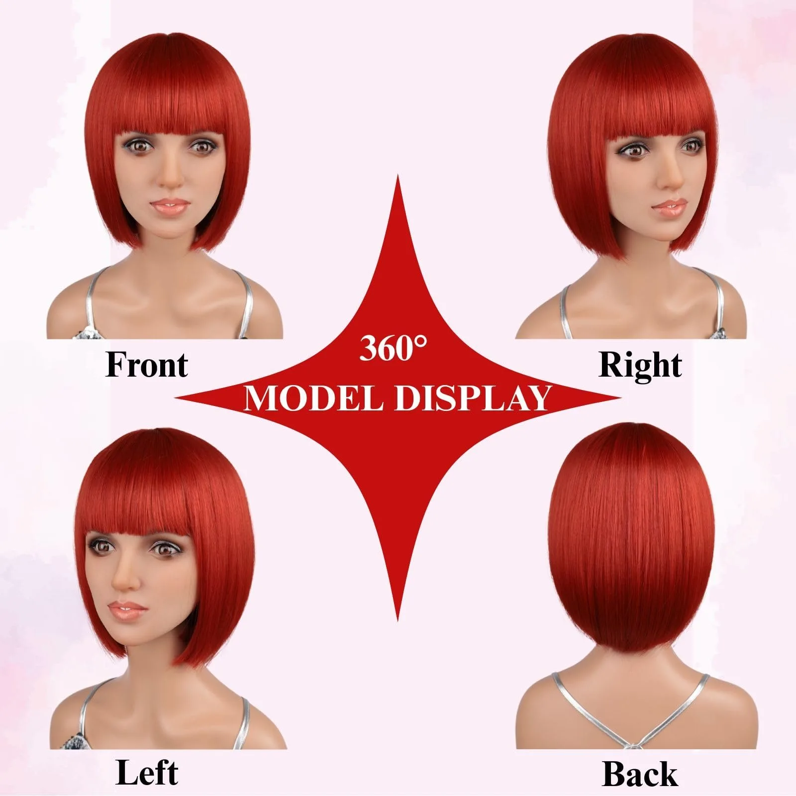 Red short bob-style synthetic wig for Halloween cosplay, role-playing, daily party or party wear. Hot wire wig headband.