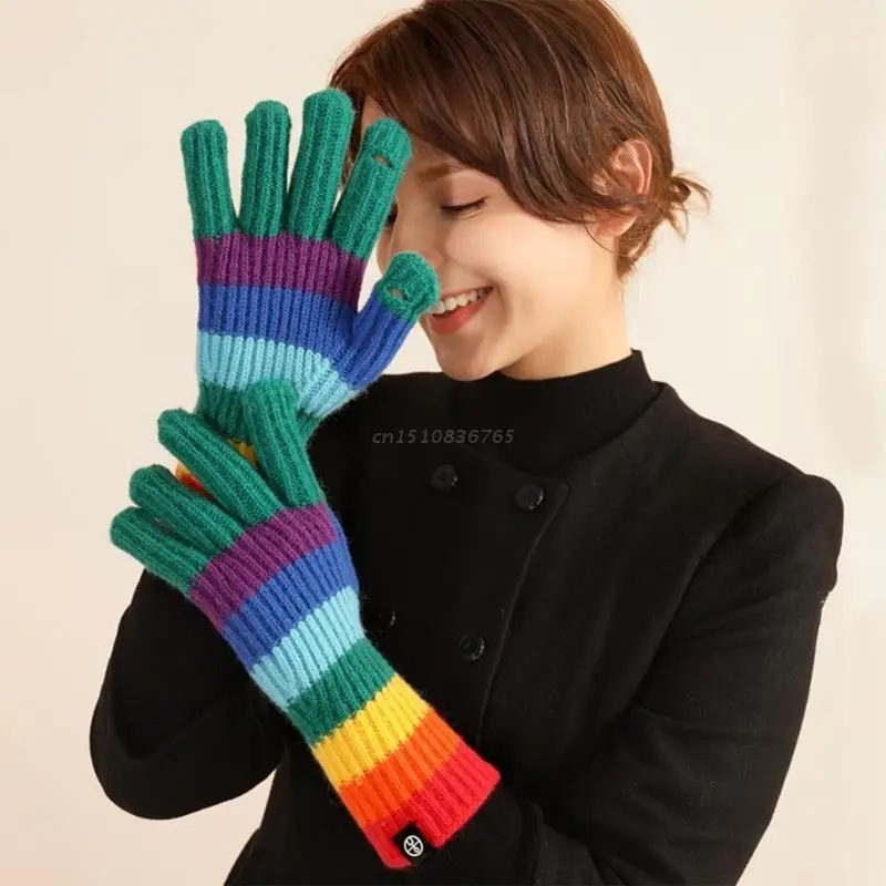 

Warm Winter Touchscreen Gloves Cute Stripe Gloves Christmas Mittens Rainbow Thickened Gloves Full Finger