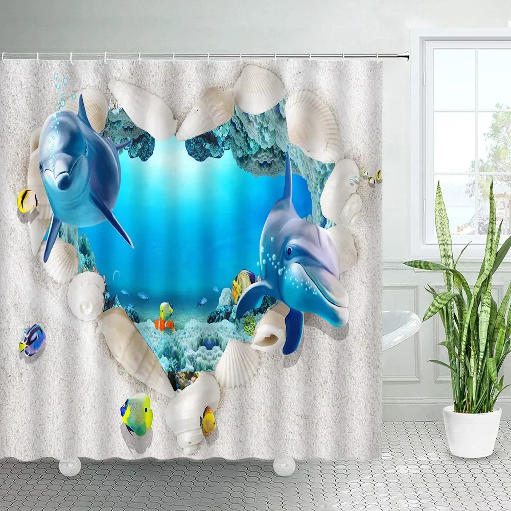 Beach Cave Dolphin Shower Curtains Cartoon Sea Animal Tropical Fish Shell Coral Underwater Landscape Children Bathroom Decor Set