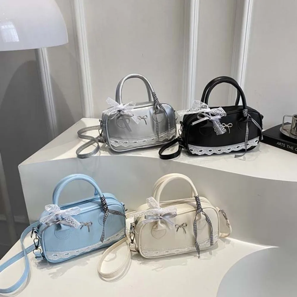 Messenger Bag PU Leather Boston Handbag Bow Lace Ribbon Crossbody Bowling Bag Waterproof Texture Small Square Bag Women