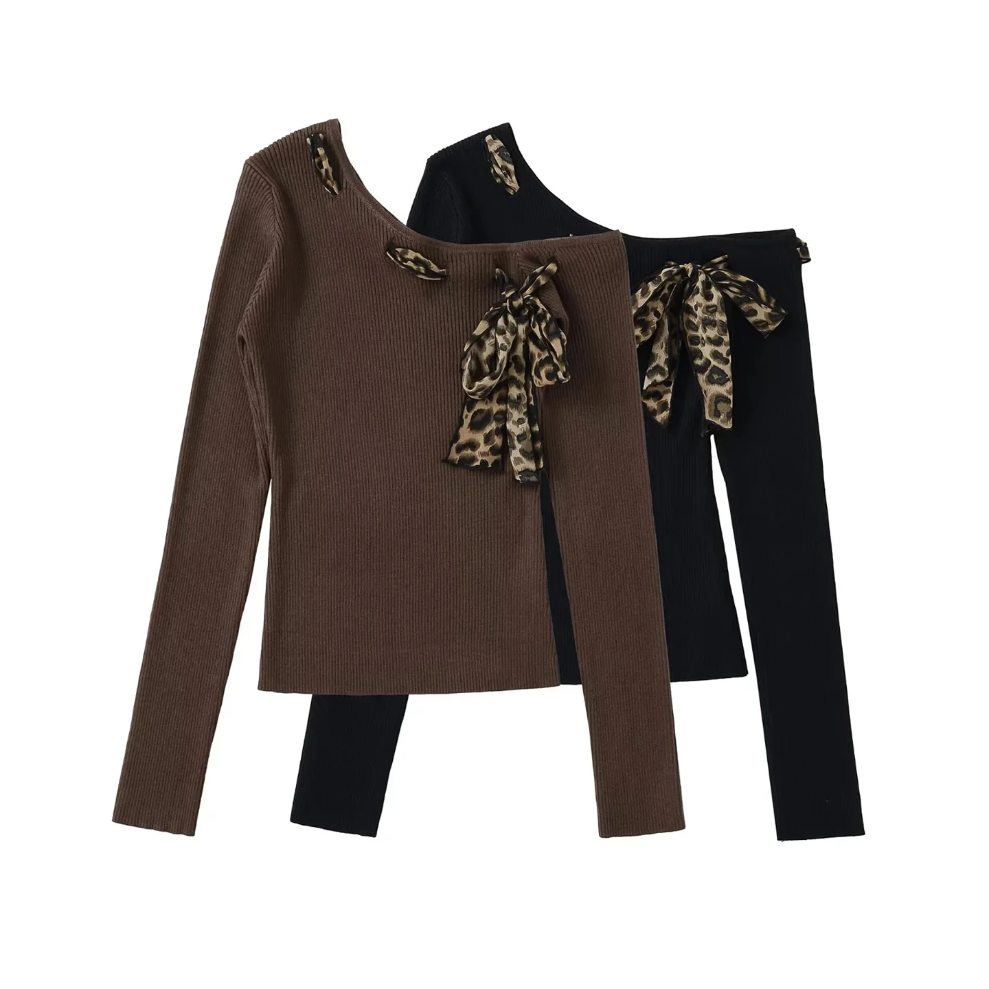 

Модный вязаный топ с леопардовым принтом, женский облегающий свитер с открытыми плечами, сексуальный базовый слой, весна-осень, новинка...