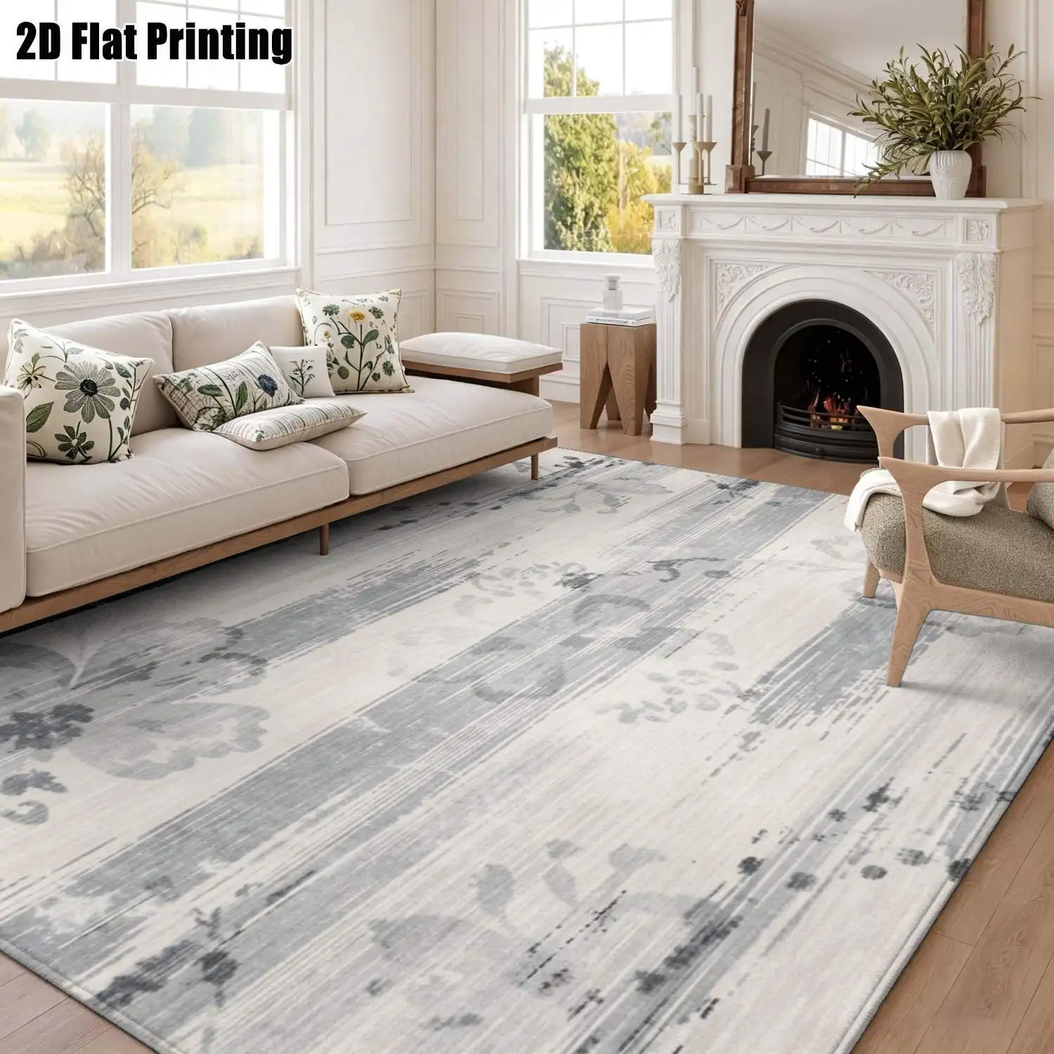 1Pc 2D Printed Light Gray Floral Striped Nordic Modern Minimalist Geometric Striped Home Carpet, Multiple Sizes, Machine Washable, for Living Room, Bedroom, Dining Room, Entrance, Study
