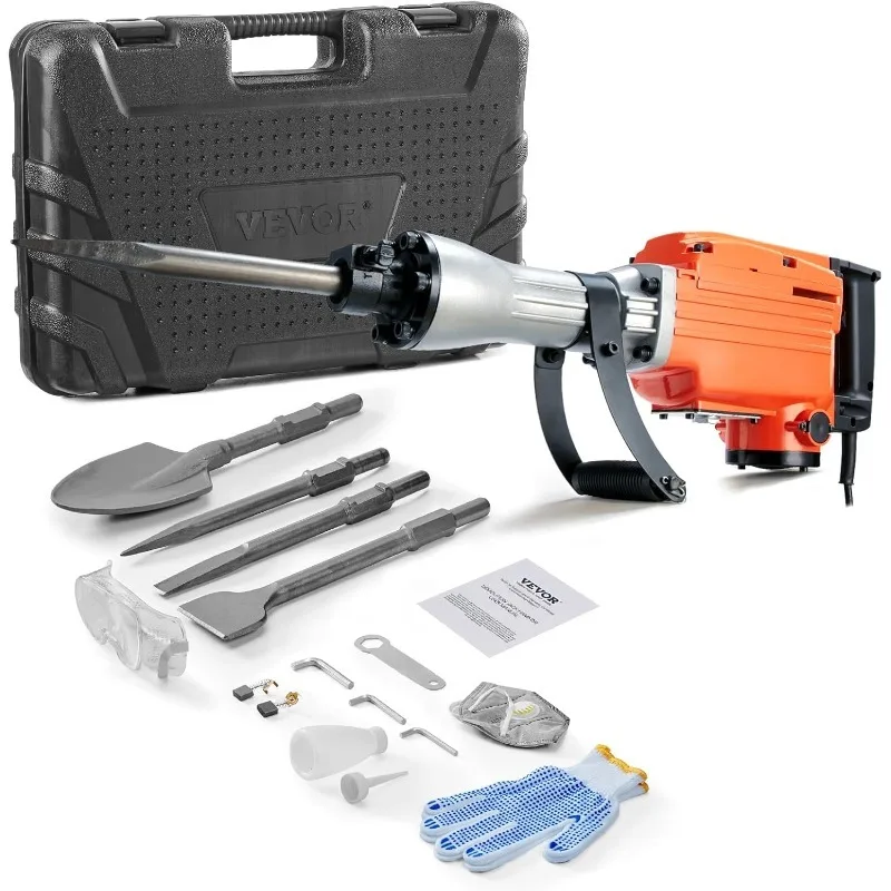 

VEVOR Demolition Jack Hammer, MAX 2200W Electric Jackhammer Heavy Duty, 1350 BPM Concrete Breaker 4pcs Chisels Bit Chipping W/Ca