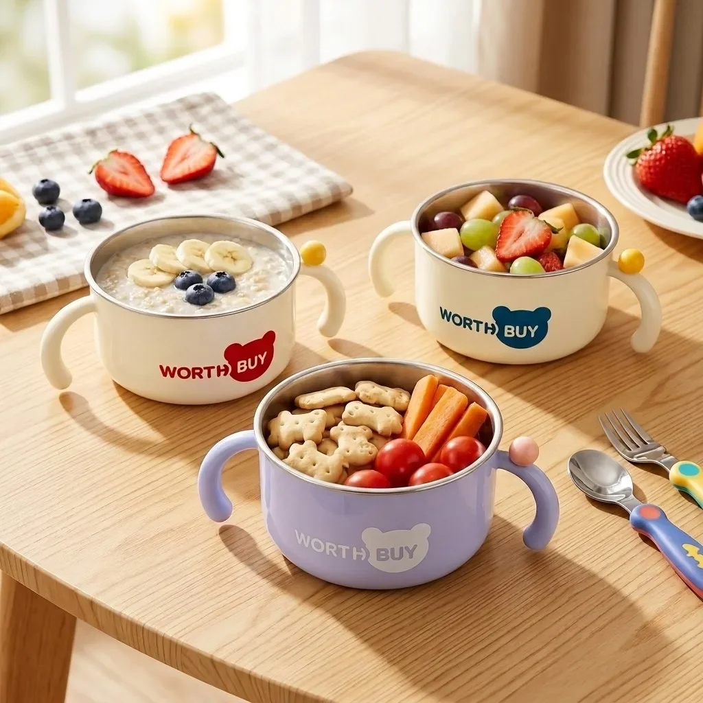 Kids 316 Stainless Steel Bowl Detachable Double Handle Fruit Salad Rice Ramen Dishwasher Safe PP Tableware Pretty Bowls
