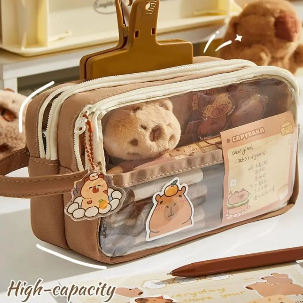 1 Set Pencil Case Set with Bonus Doll Stickers Waterproof Multi-Level Compartments Pencil Pouch Capybara Doll Pencil Bag