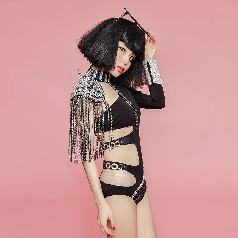 New Sexy Hollow Out Rhinestones Tassel Bodysuit For Singer Dancer Bar Concert Performance Clothes Party Show Dance Costume