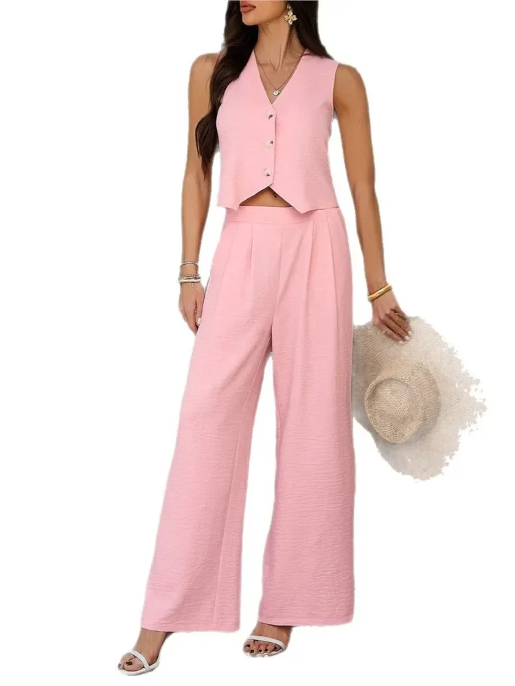 

Новый модный повседневный комплект, весна-лето, повседневный стиль для поездок на работу и отпуска, однотонный жилет, широкий брючный костюм, женская одежда