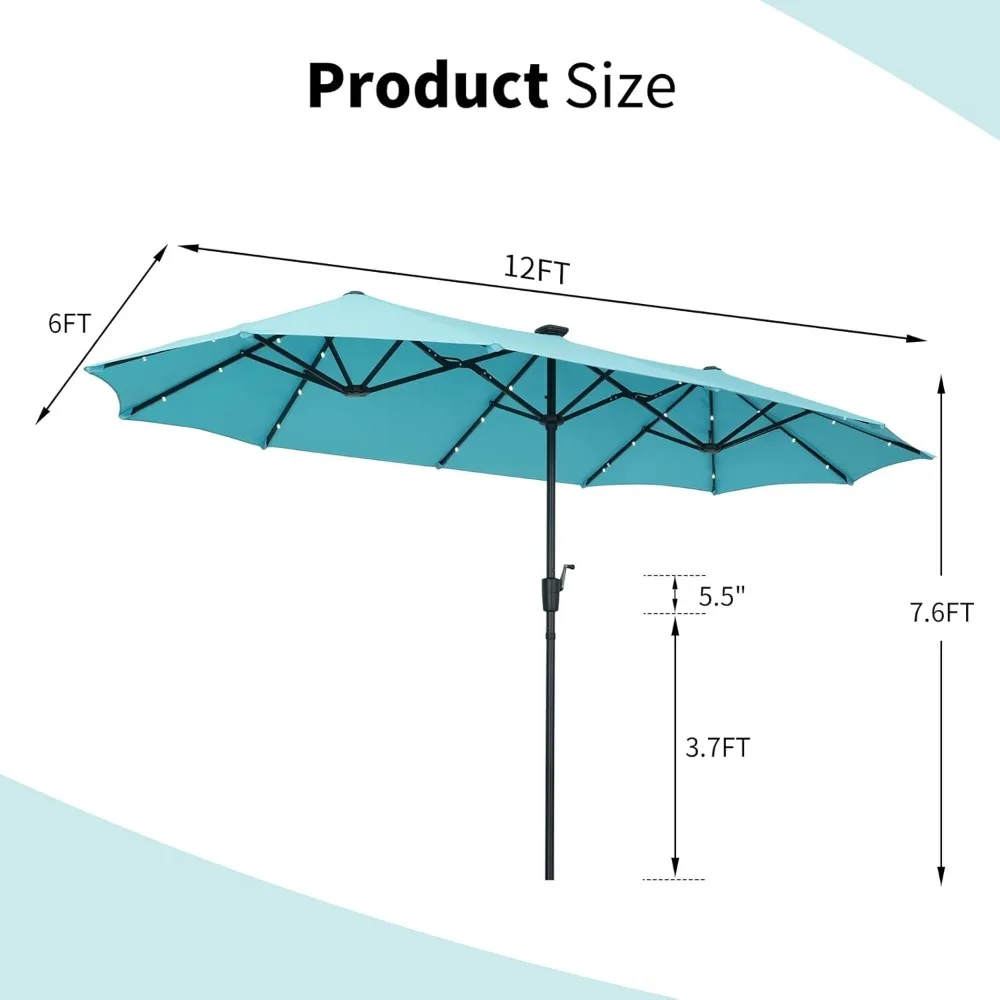 13 FT Rectangular Patio Umbrella with 36 Solar Powered LED Lights Ultimate Sun Protection & Easy Crank for Deck, Garden, Pool